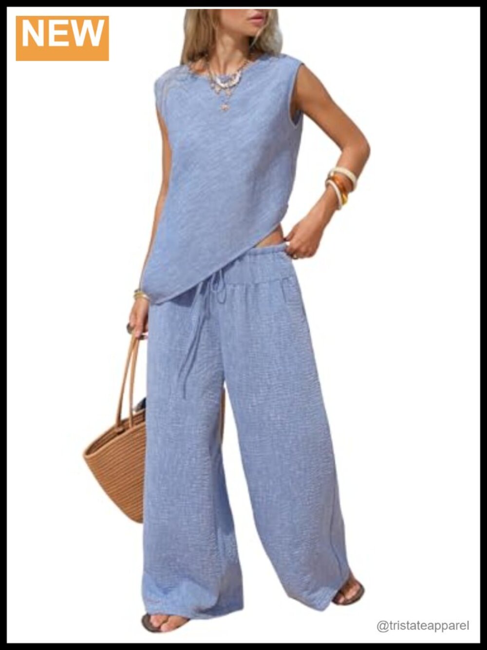 Faux Linen Two Piece Set Sleeveless Tank Wide Leg Pants Summer Matching Outfit